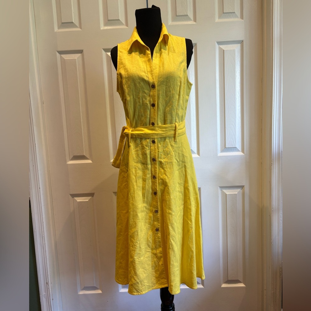 Yellow Linen Sleeveless Button-Down Dress
